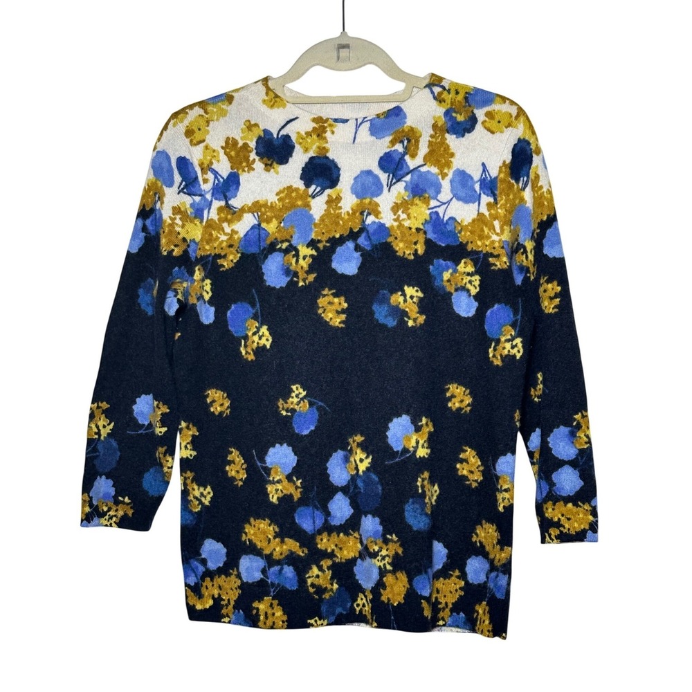 Talbots 100% Pure Cashmere Floral Sweater Blue Yellow Black Size Large Petite